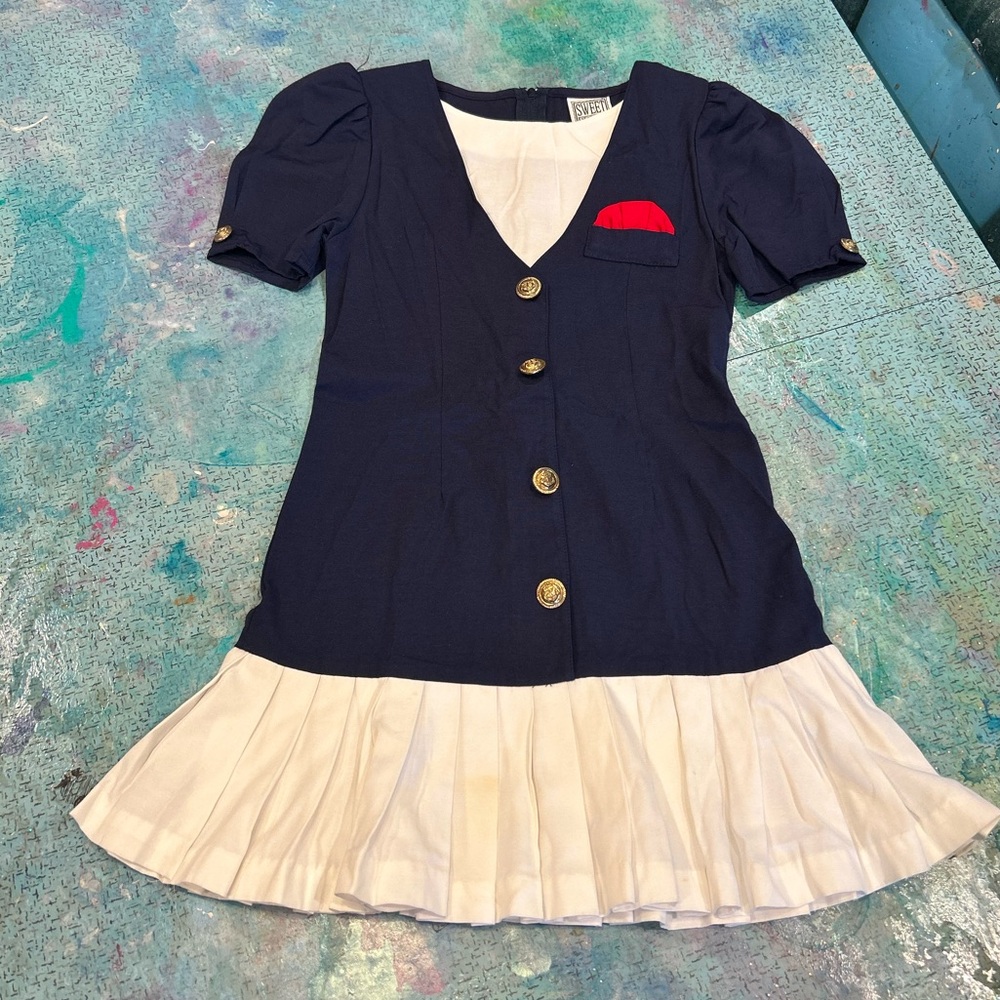 Navy and White Kids Dress with Red Accent
